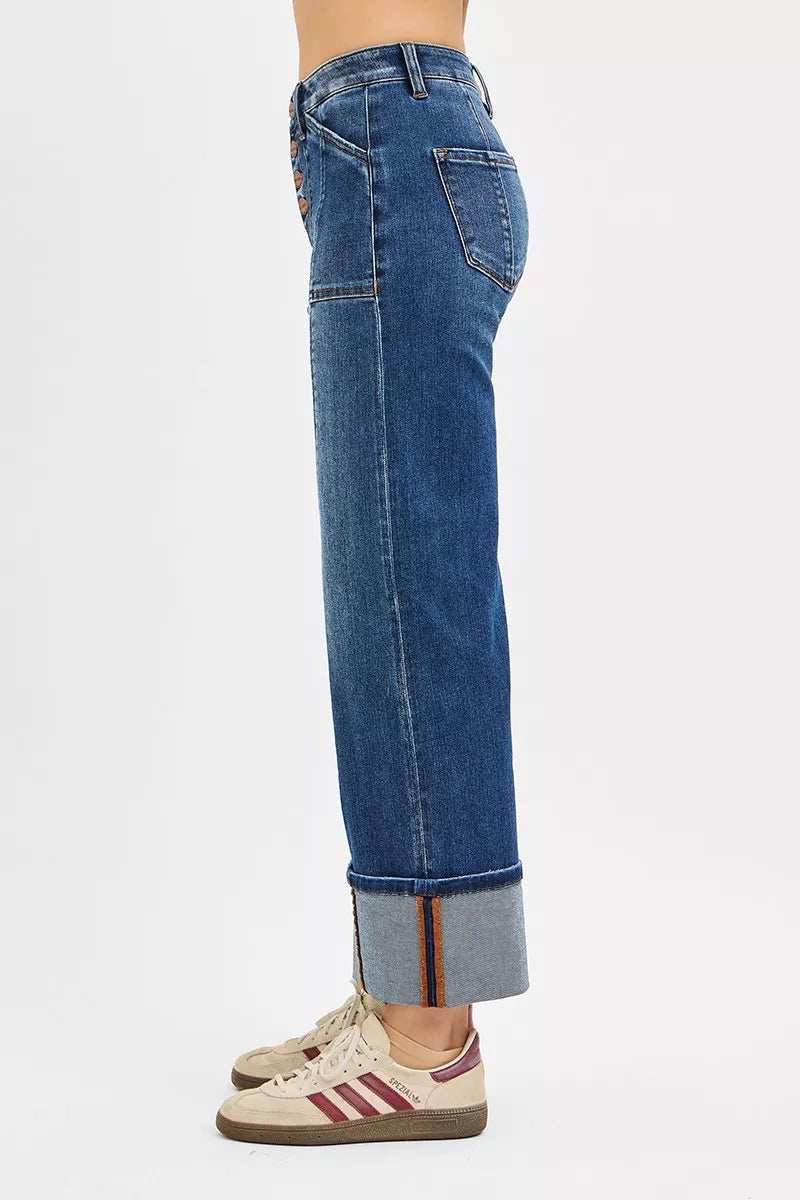 RISEN Full Size High Rise Crop Wide Straight Cuffed Jeans Plus Size - Trendsi - Flyclothing LLC