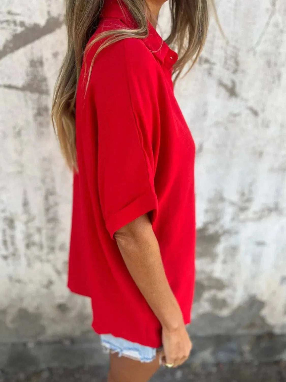 Full Size Collared Neck Half Sleeve Shirt Plus Size - Trendsi - Flyclothing LLC