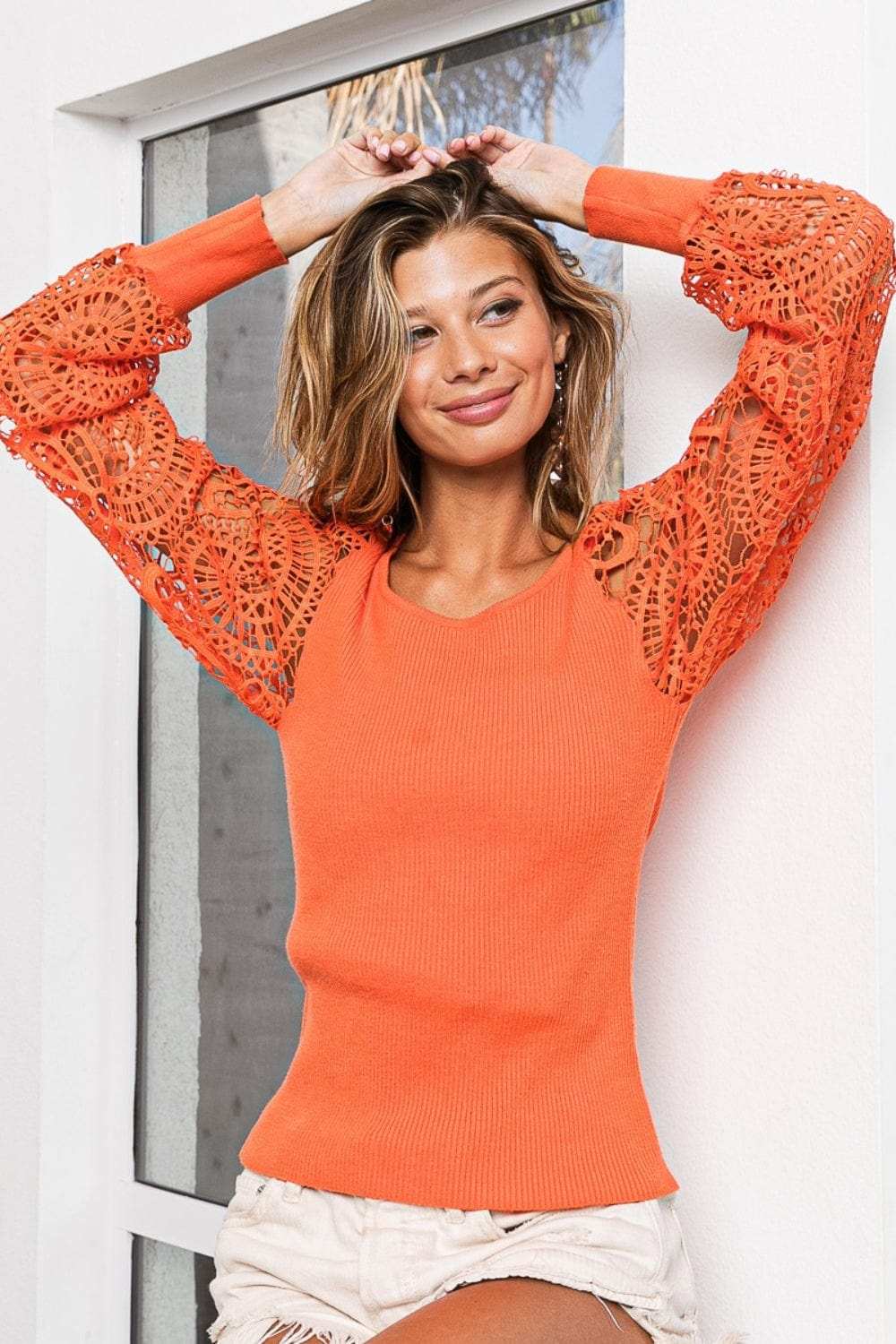 BiBi Round Neck Crochet Lace Sleeve Knit Top - Trendsi - Flyclothing LLC