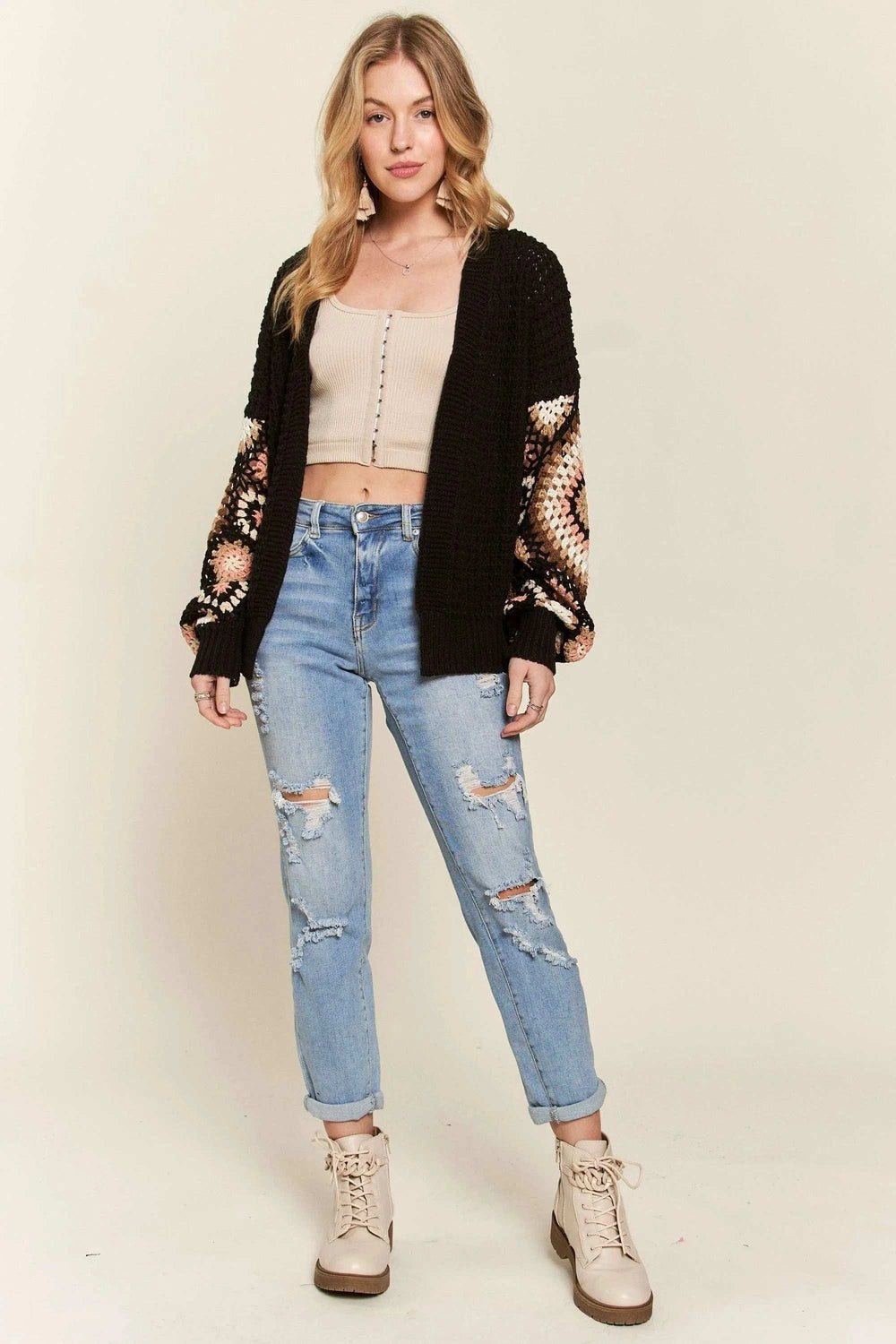 ADORA Multi Color Sleeve Crochet Cardigan - Trendsi - Flyclothing LLC