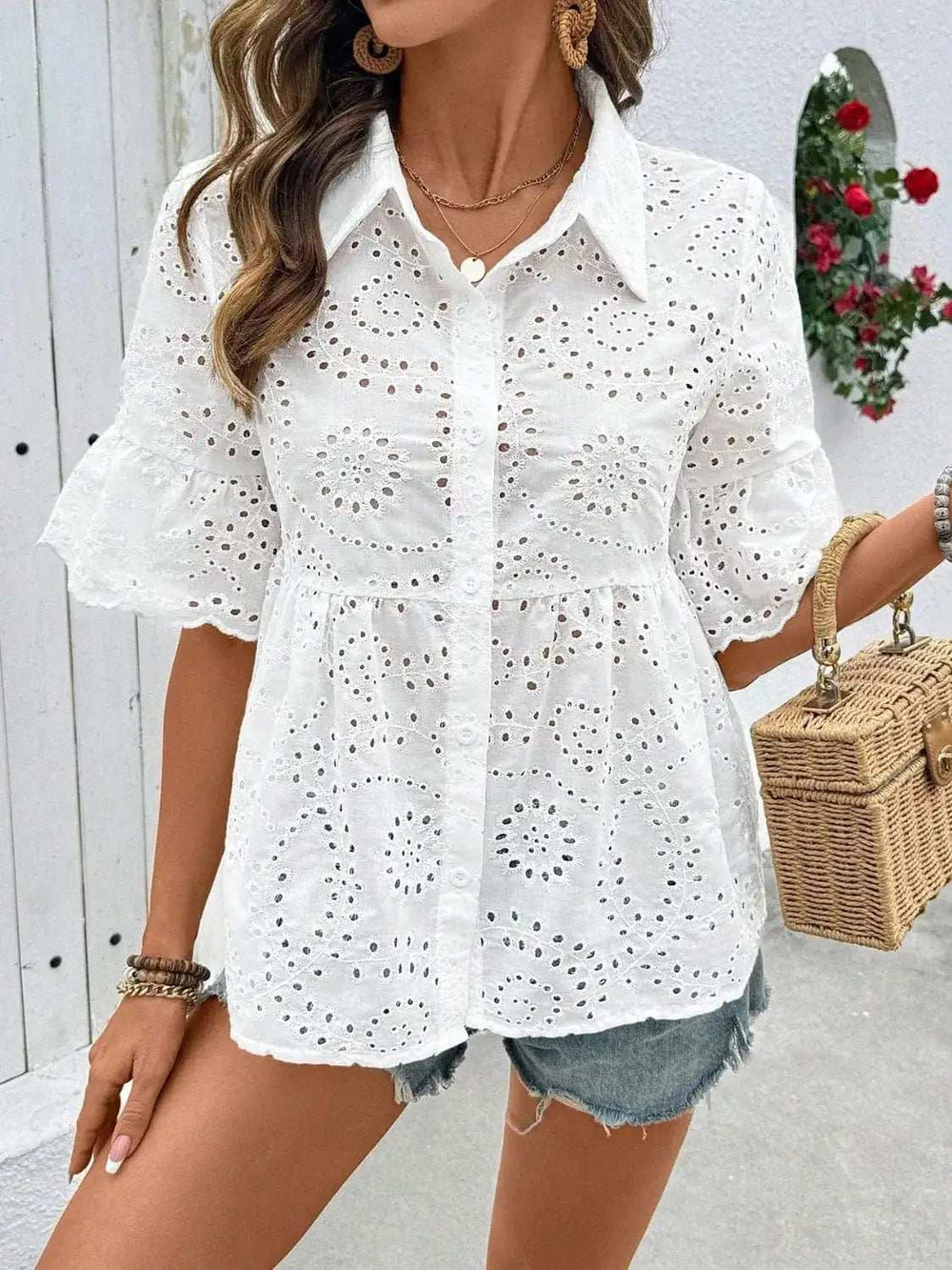 Eyelet Solid Collared Neck Half Sleeve Shirt - Trendsi - Flyclothing LLC
