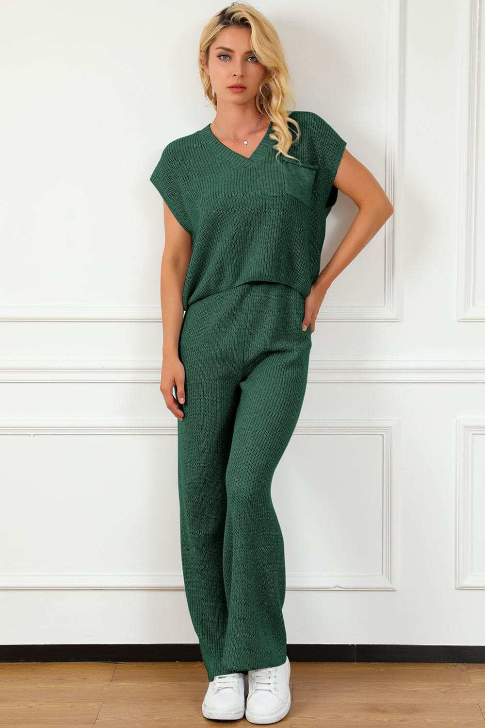 Pocketed V-Neck Top and Wide Leg Sweater Set - Trendsi - Flyclothing LLC