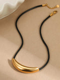 Stainless Steel Curved Bar Necklace with Leather Rope - Trendsi - Flyclothing LLC