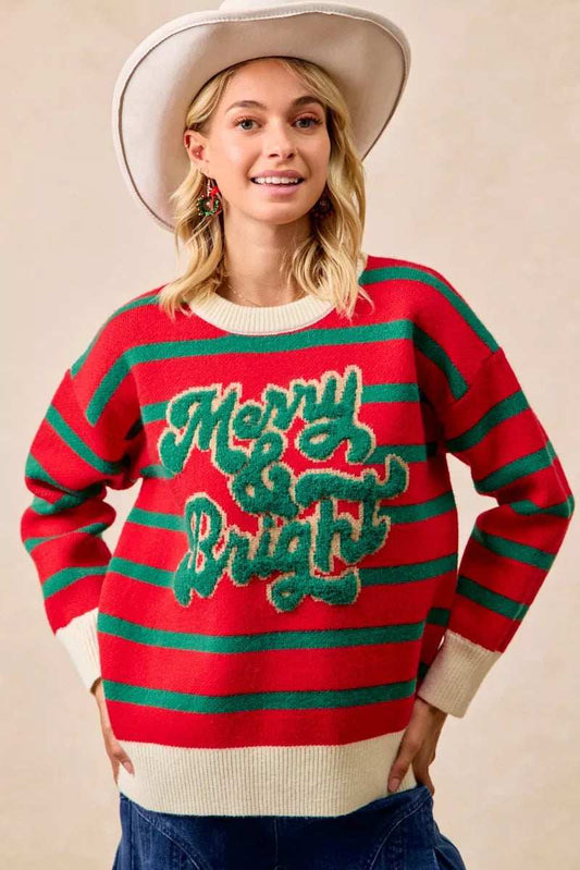 BiBi Christmas Theme Stripe Knit Top - Trendsi - Flyclothing LLC