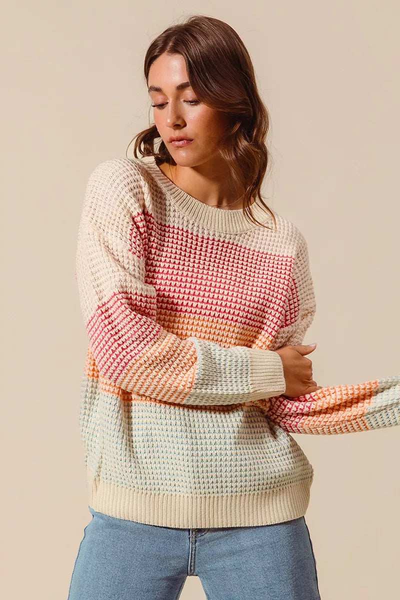 SO ME Multi Color Block Long Sleeve Sweater - Trendsi - Flyclothing LLC