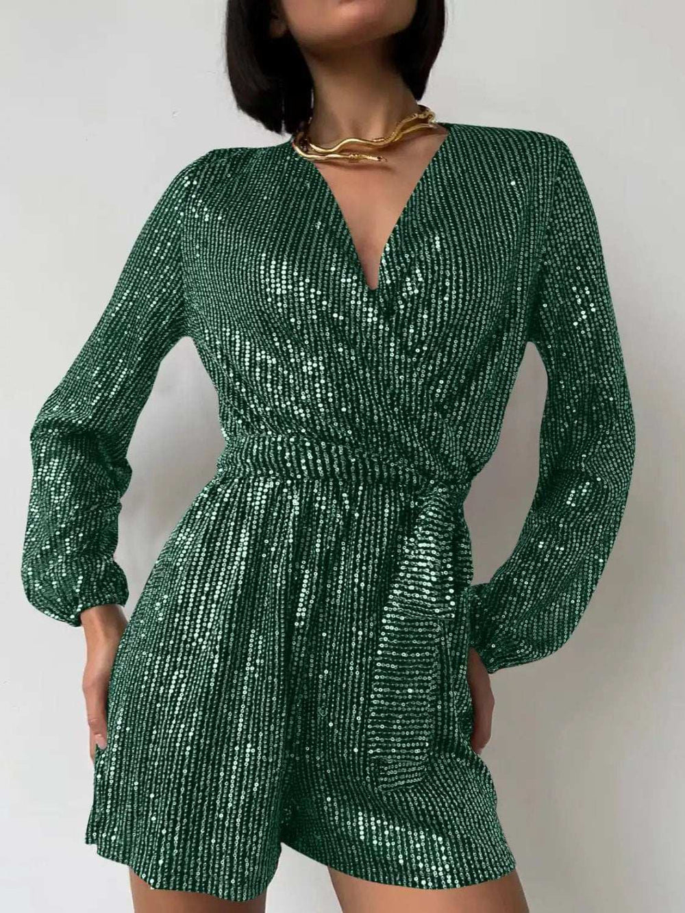 Full Size Sequin Surplice Tie Waist Long Sleeve Romper - Trendsi - Flyclothing LLC
