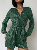 Full Size Sequin Surplice Tie Waist Long Sleeve Romper - Trendsi - Flyclothing LLC