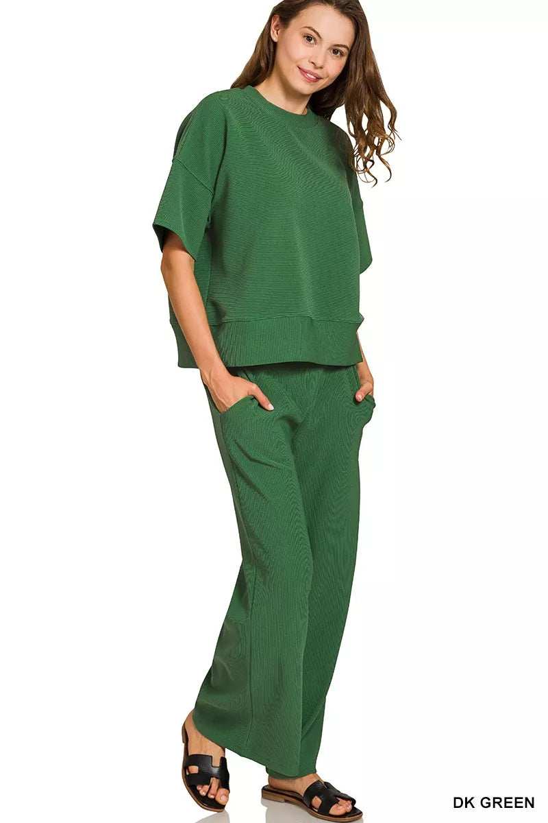 Zenana Ribbed Round Neck Tee & Pants Set - Trendsi - Flyclothing LLC