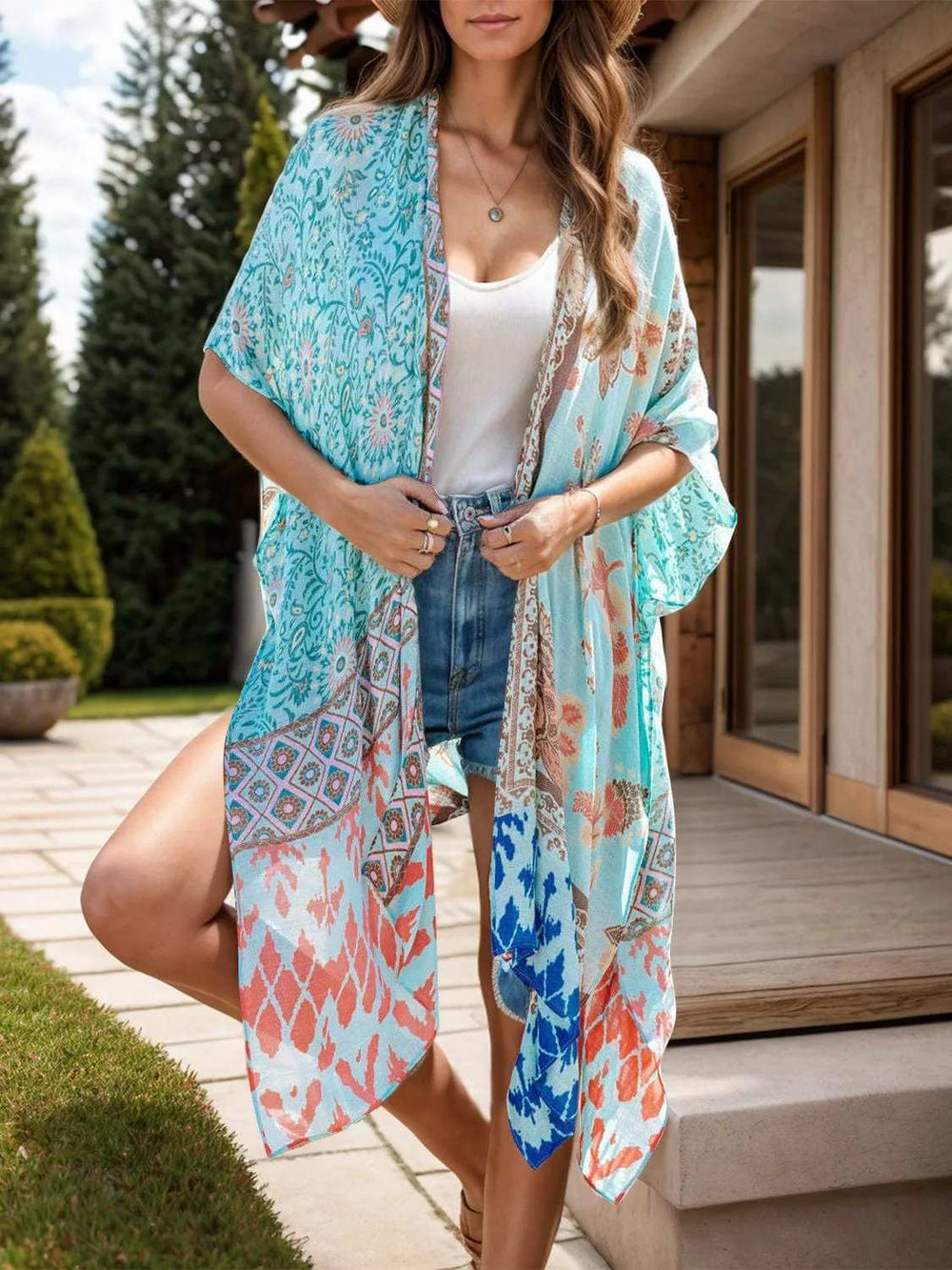 Printed Open Front Cover-Up - Trendsi - Flyclothing LLC