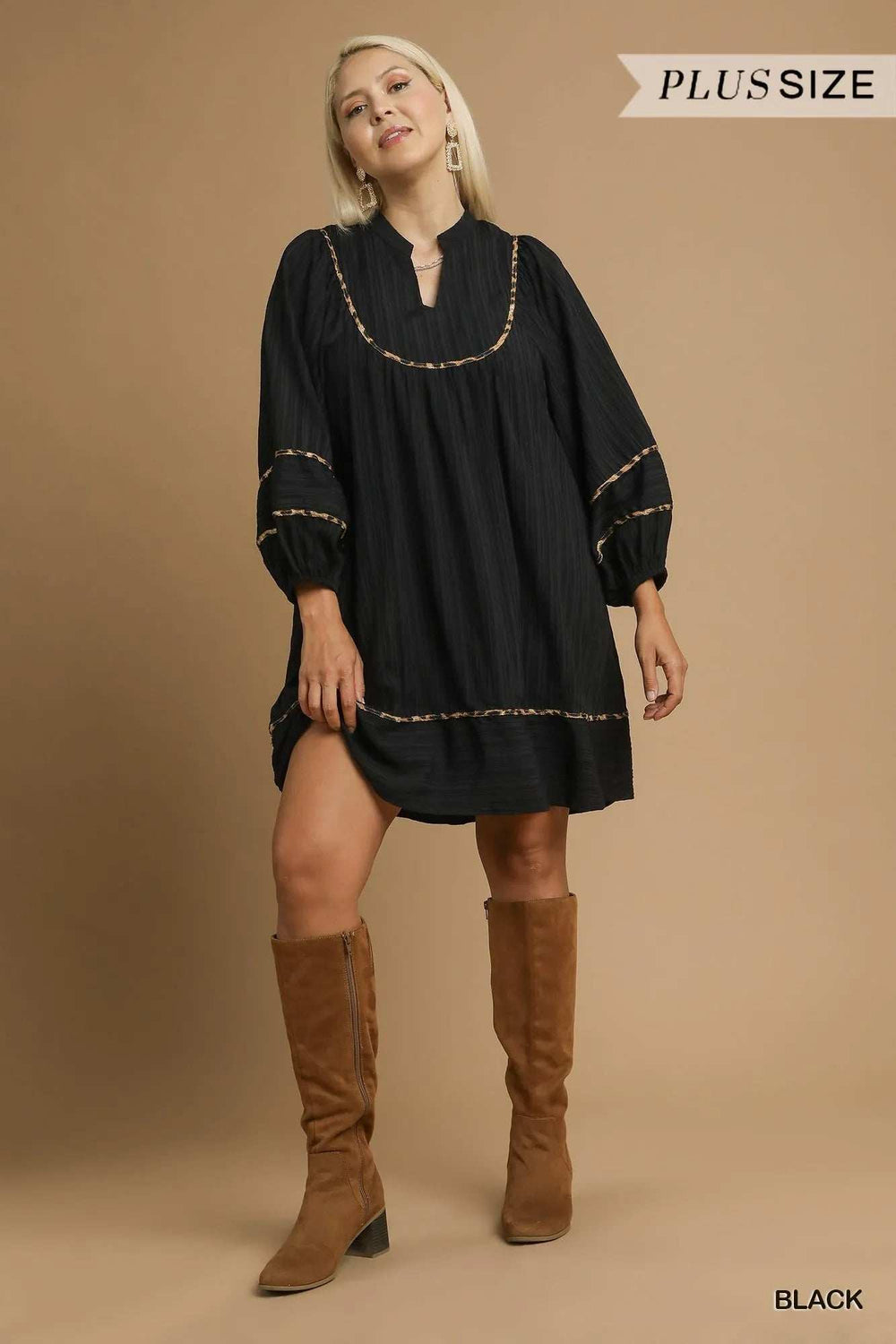 Umgee Full Size Textured Babydoll Dress with Leopard Trim Plus Size - Trendsi - Flyclothing LLC