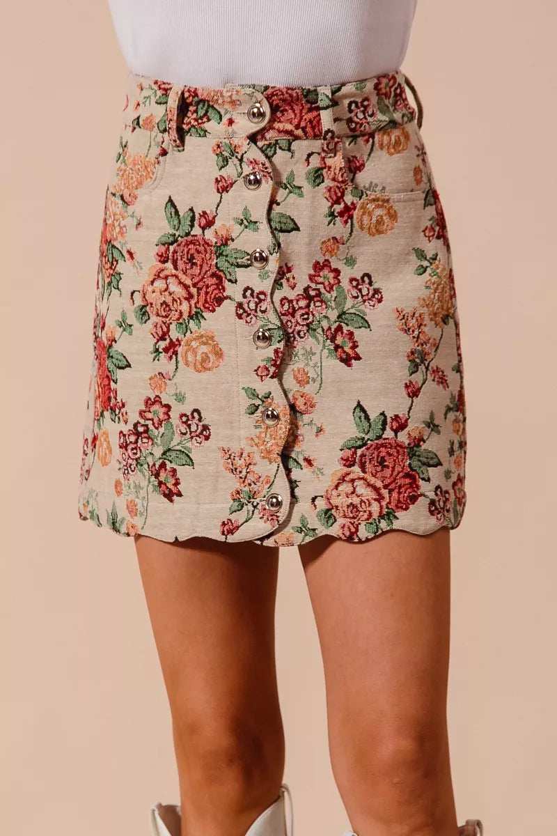 SO ME Floral Jacquard Button Front Mini Skirt with Scall - Trendsi - Flyclothing LLC