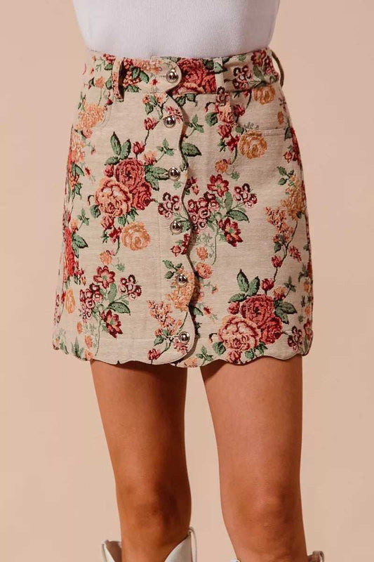 SO ME Floral Jacquard Button Front Mini Skirt with Scall - Trendsi - Flyclothing LLC