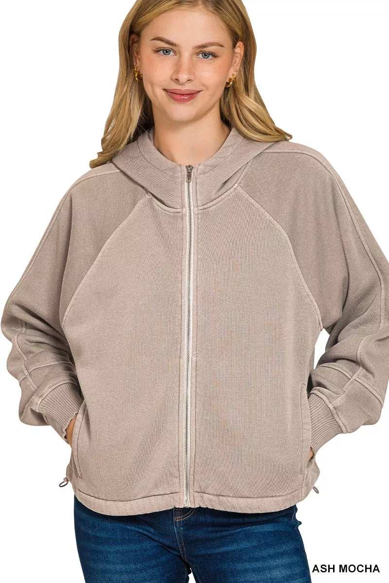 Zenana Fleece Pigment Dye Zip Up Hoodie with Pockets - Trendsi - Flyclothing LLC
