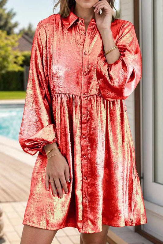 Metallic Sheen Long Sleeve Mini Dress - Trendsi - Flyclothing LLC