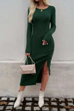 Drawstring Round Neck Long Sleeve Midi Dress - Trendsi - Flyclothing LLC