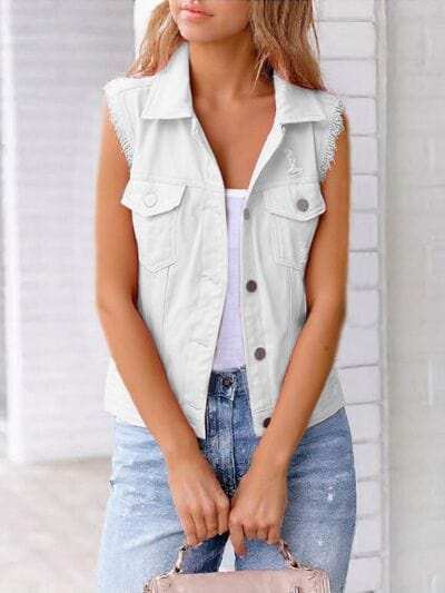 Full Size Button Down Raw Hem Sleeveless Denim Jacket Plus Size - Trendsi - Flyclothing LLC