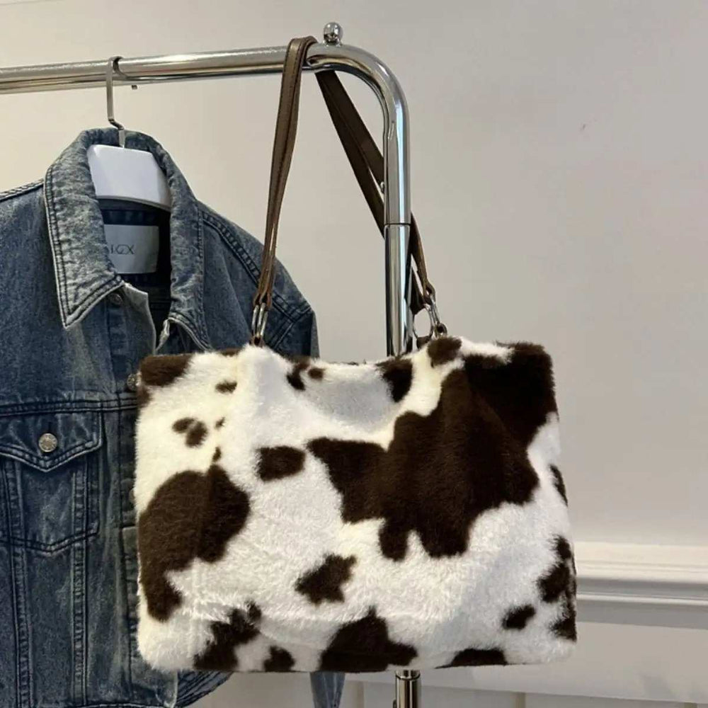 Cow Print Furry Tote Bag - Trendsi - Flyclothing LLC
