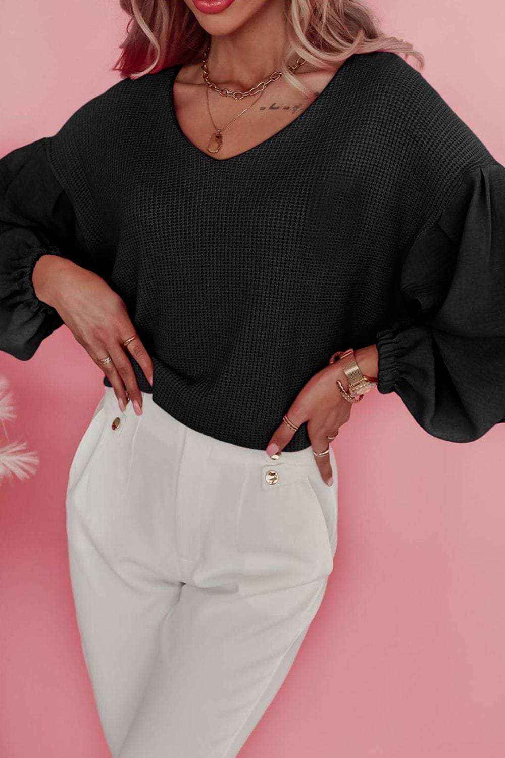 Waffle-Knit V-Neck Long Sleeve Blouse - Trendsi - Flyclothing LLC