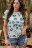 Western Turquoise Printed Crewneck Slim Fit Tee - Trendsi - Flyclothing LLC