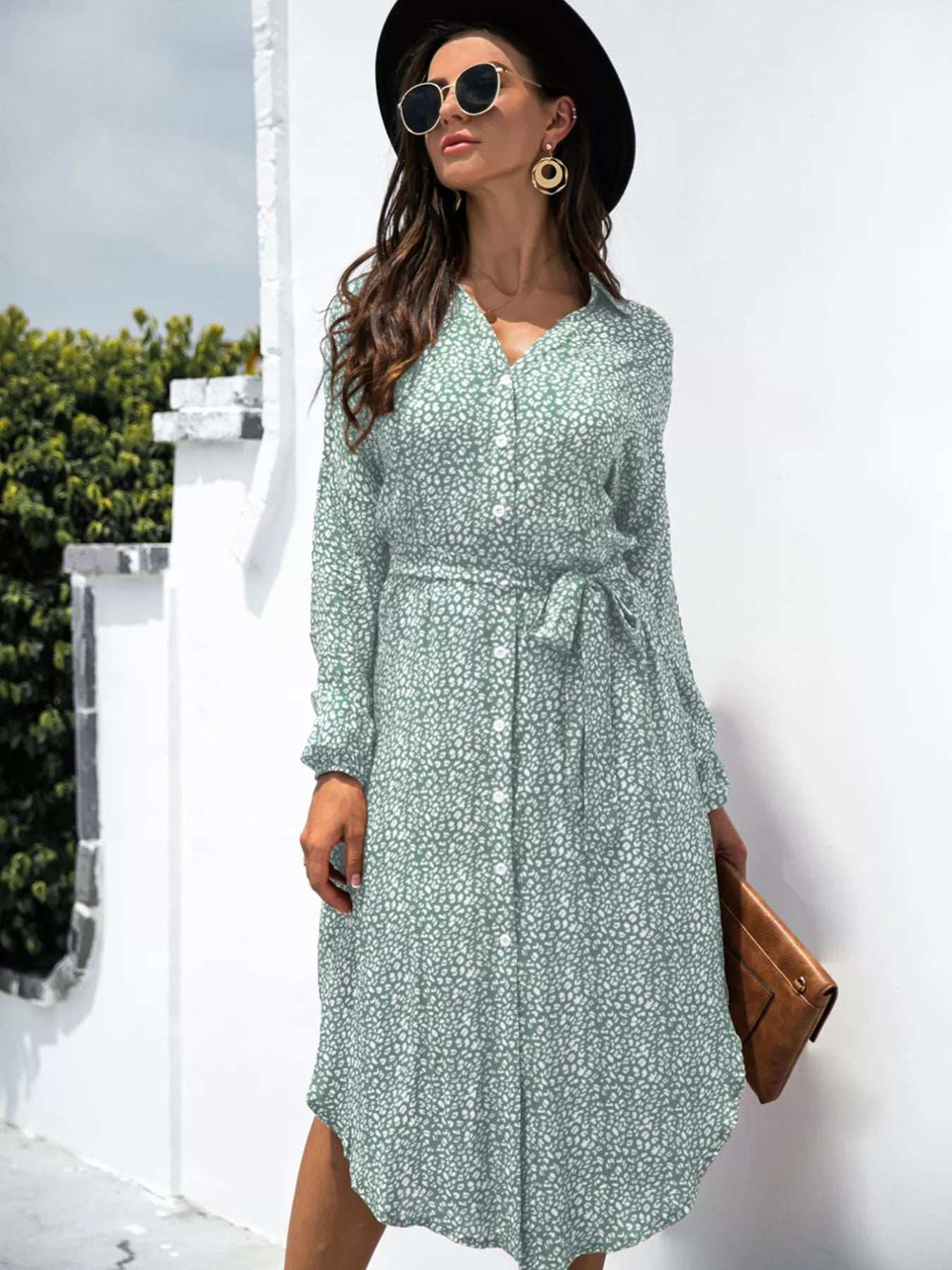 Button Down Printed Long Sleeve Shirt Dress - Trendsi - Flyclothing LLC