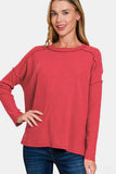 Zenana Full Size Exposed Seam Brushed Round Neck Sweater - Trendsi - Flyclothing LLC