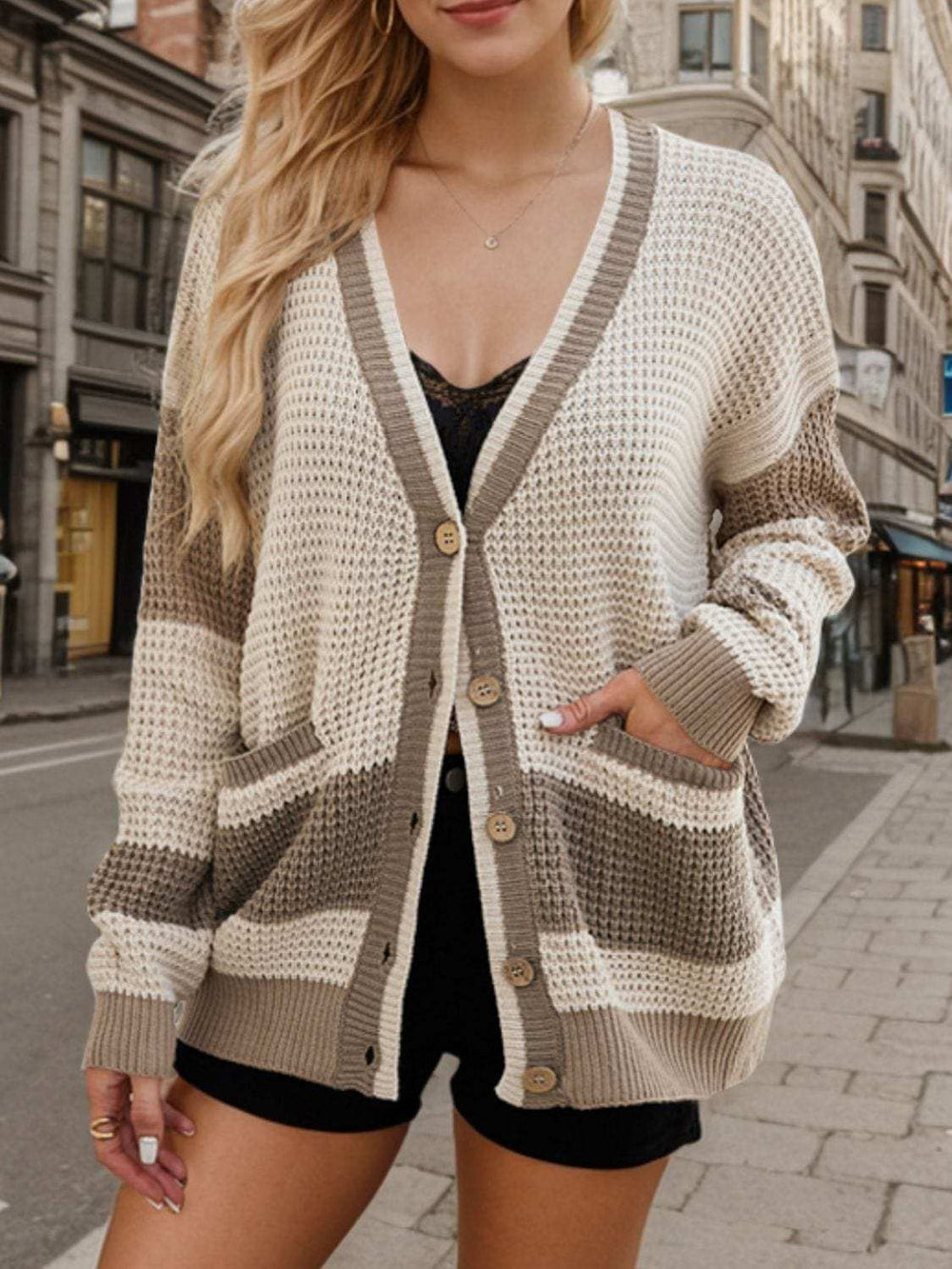 Contrast Button Up Long Sleeve Cardigan - Trendsi - Flyclothing LLC