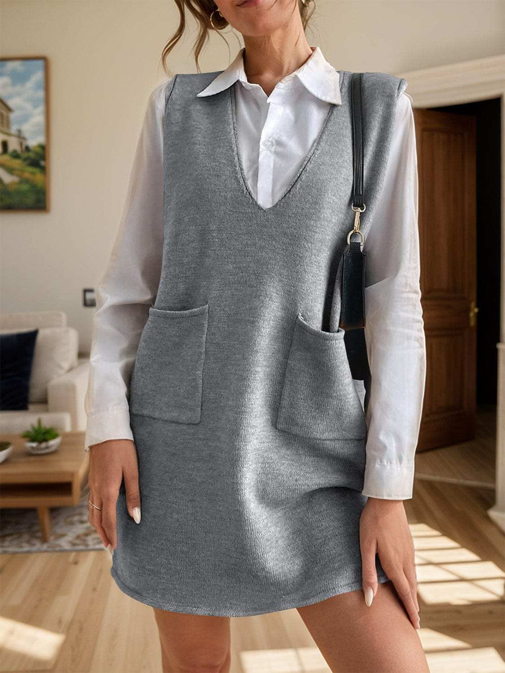 V-Neck Sleeveless Sweater Dress with Pockets - Trendsi - Flyclothing LLC