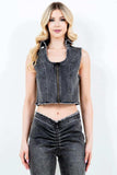 American Bazi Zip Up Washed Crop Denim Vest - Trendsi - Flyclothing LLC