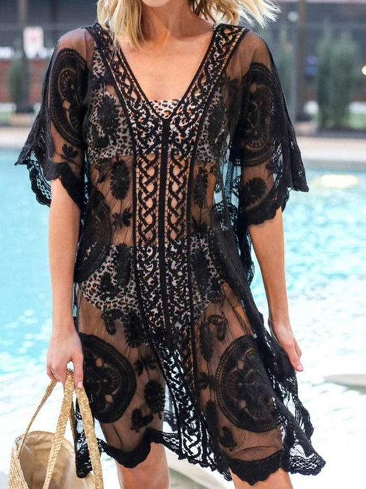 Lace V-Neck Half Sleeve Cover-Up - Trendsi - Flyclothing LLC