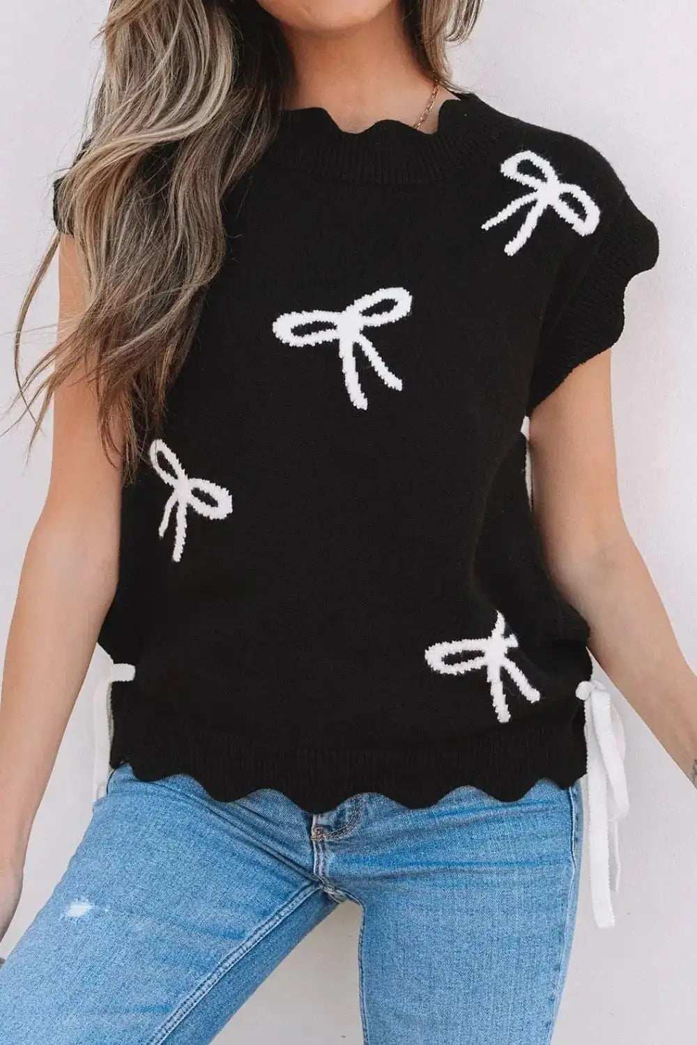 Bow Side Ties Scalloped Hem Cap Sleeve Sweater - Trendsi - Flyclothing LLC