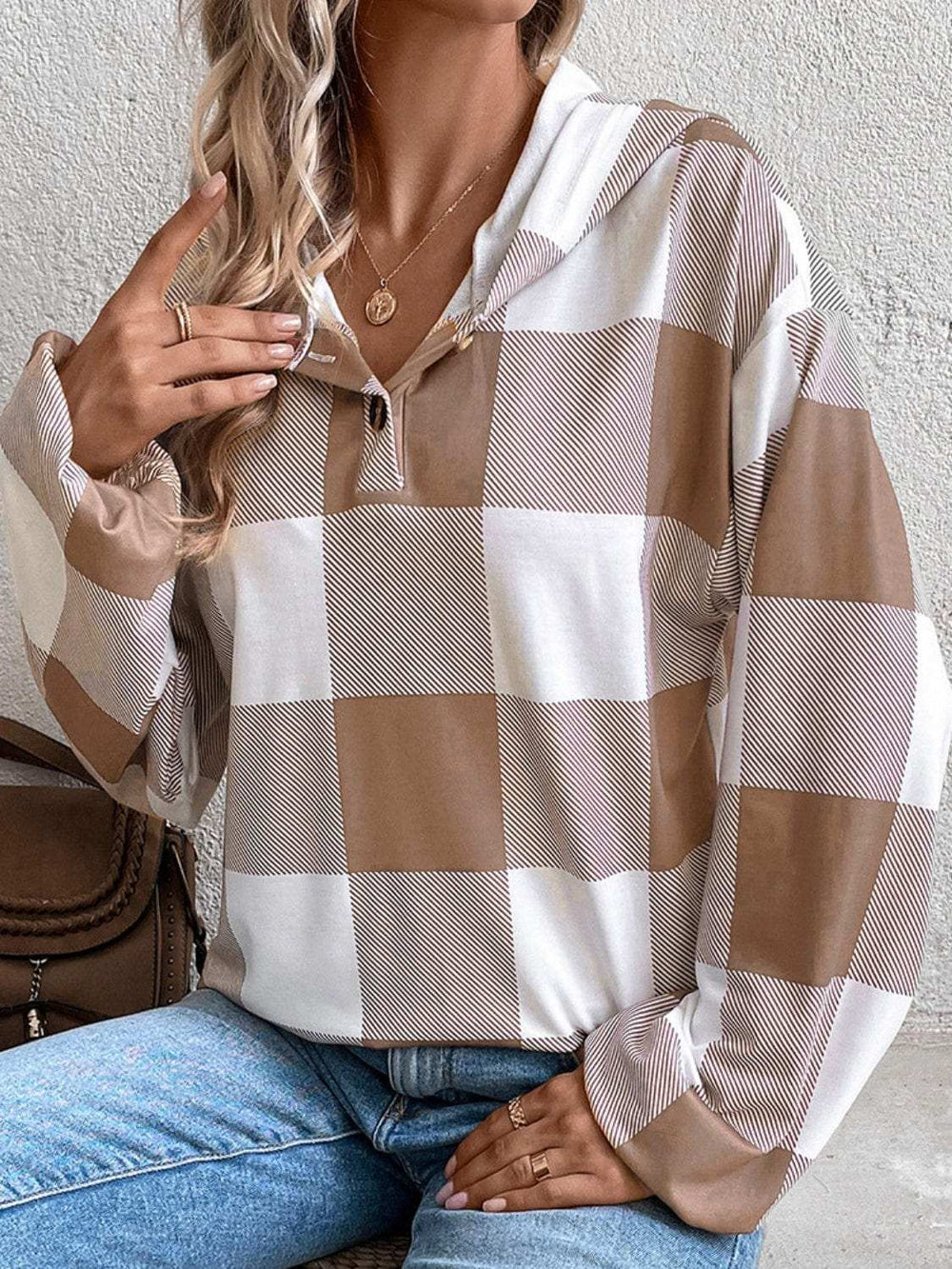 Plaid Dropped Shoulder Long Sleeve Hoodie - Trendsi - Flyclothing LLC