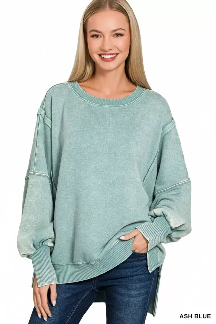 Zenana Acid Washed Batwing Sleeve Fleece Sweatshirt - Trendsi - Flyclothing LLC
