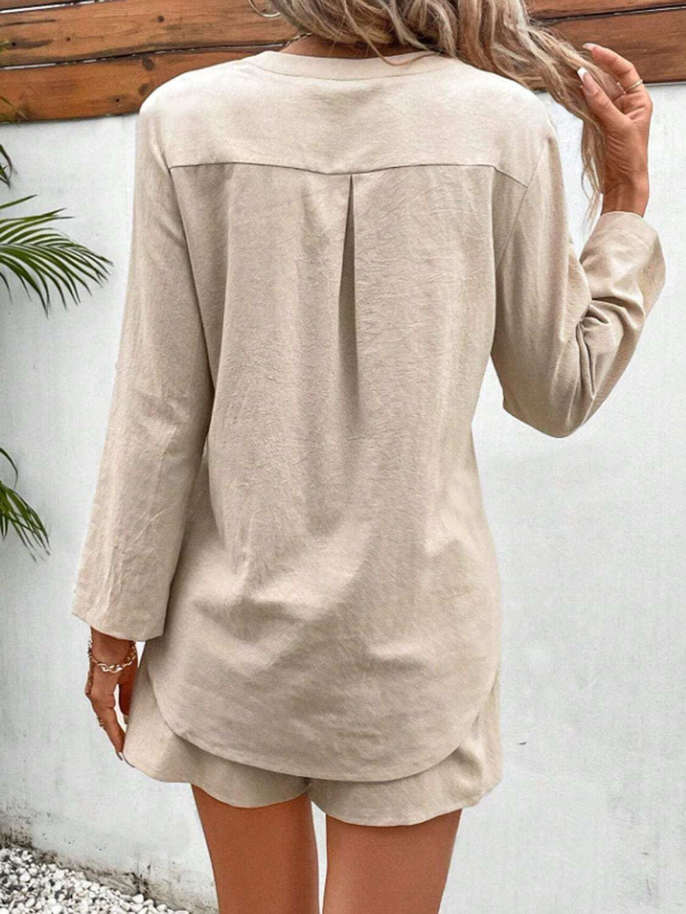 Notched Long Sleeve Top and Shorts Set - Trendsi - Flyclothing LLC