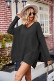 Slit V-Neck Dropped Shoulder Sweater - Trendsi - Flyclothing LLC