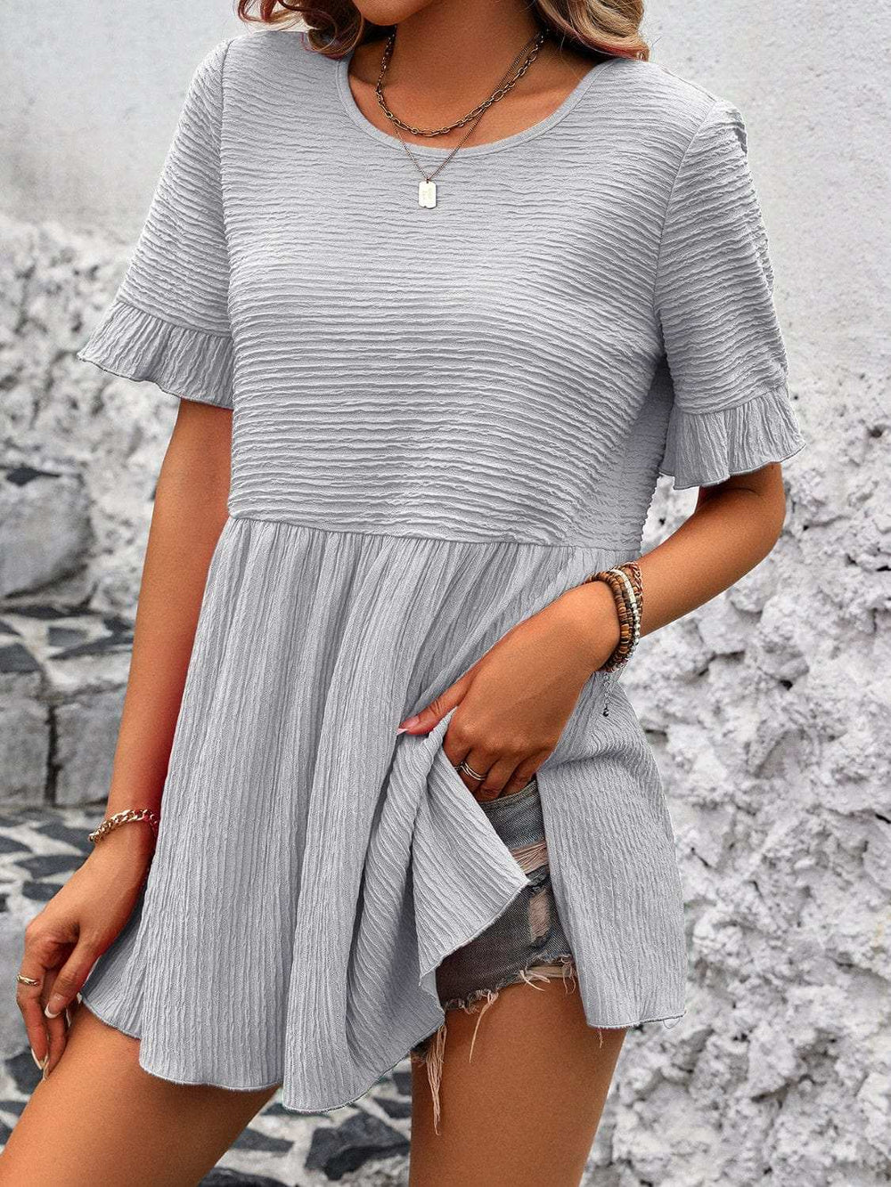 Round Neck Short Sleeve Blouse - Trendsi - Flyclothing LLC