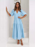 Tiered Puff Sleeve Midi Dress - Trendsi - Flyclothing LLC