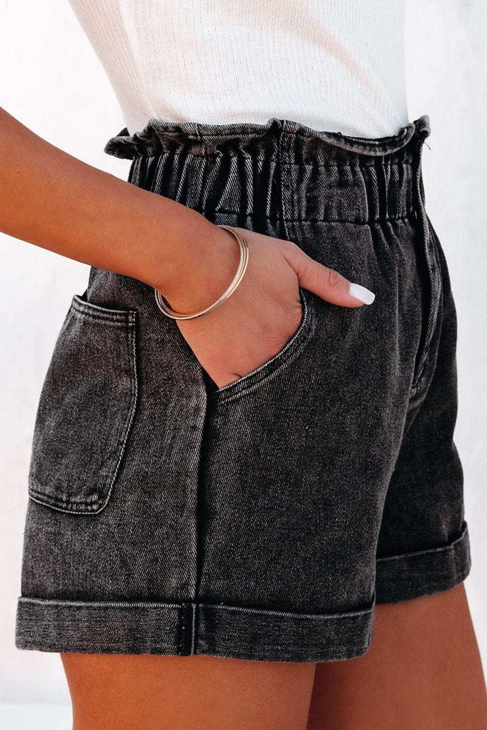 Paperbag Waist Denim Shorts with Pockets - Trendsi - Flyclothing LLC
