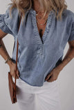 V Neck Ruffled Short Puff Sleeve Denim Top - Trendsi - Flyclothing LLC