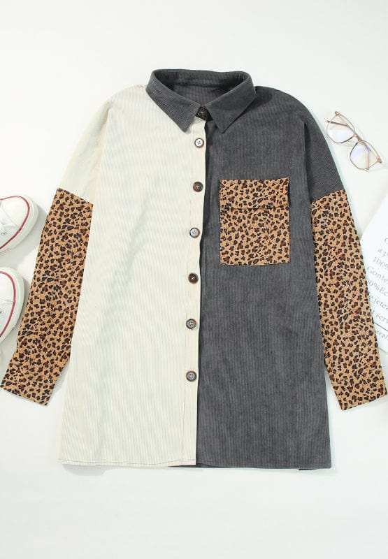 Leopard Button Up Drop Shoulder Jacket - Trendsi - Flyclothing LLC