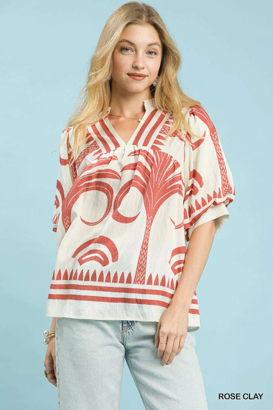 Umgee Folk Art Palm Print Puff Sleeve Blouse - Trendsi - Flyclothing LLC