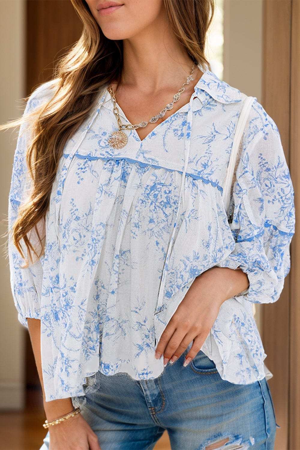 Printed Tie Neck Three-Quarter Sleeve Blouse - Trendsi - Flyclothing LLC