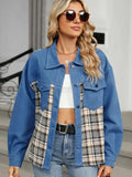 Plaid Button Up Long Sleeve Denim Jacket - Trendsi - Flyclothing LLC