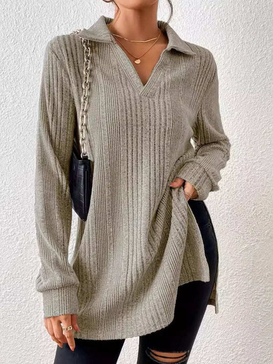 Slit Johnny Collar Long Sleeve Top - Trendsi - Flyclothing LLC