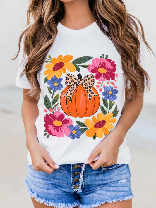 Pumpkin Floral Graphic Round Neck T-Shirt - Trendsi - Flyclothing LLC