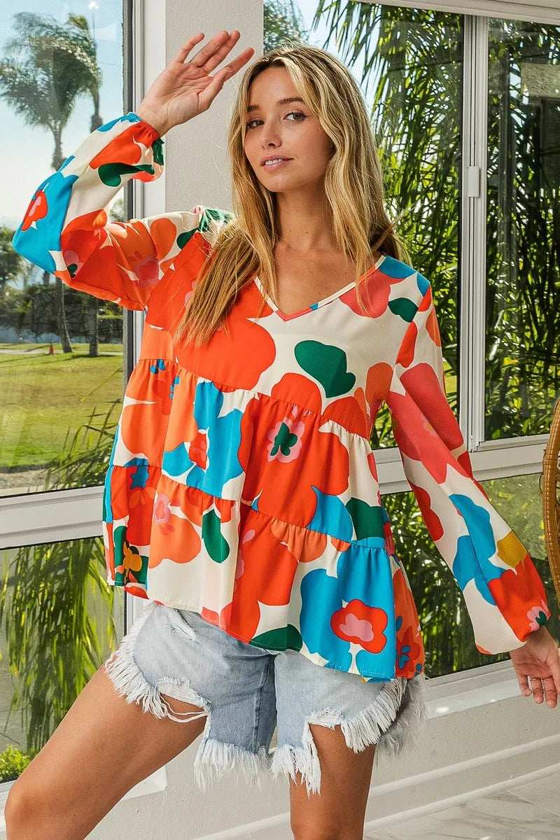 BiBi Floral Woven Tiered V Neck Top - Trendsi - Flyclothing LLC