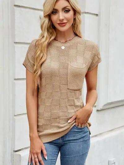 Round Neck Short Sleeve Knit Top - Trendsi - Flyclothing LLC