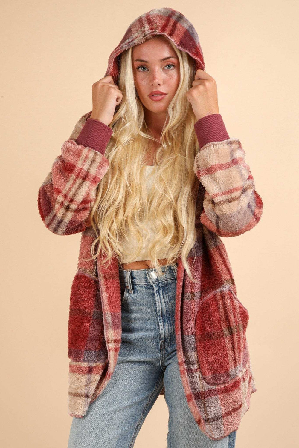 VERY J Fuzzy Plaid Long Sleeve Hooded Jacket - Trendsi - Flyclothing LLC