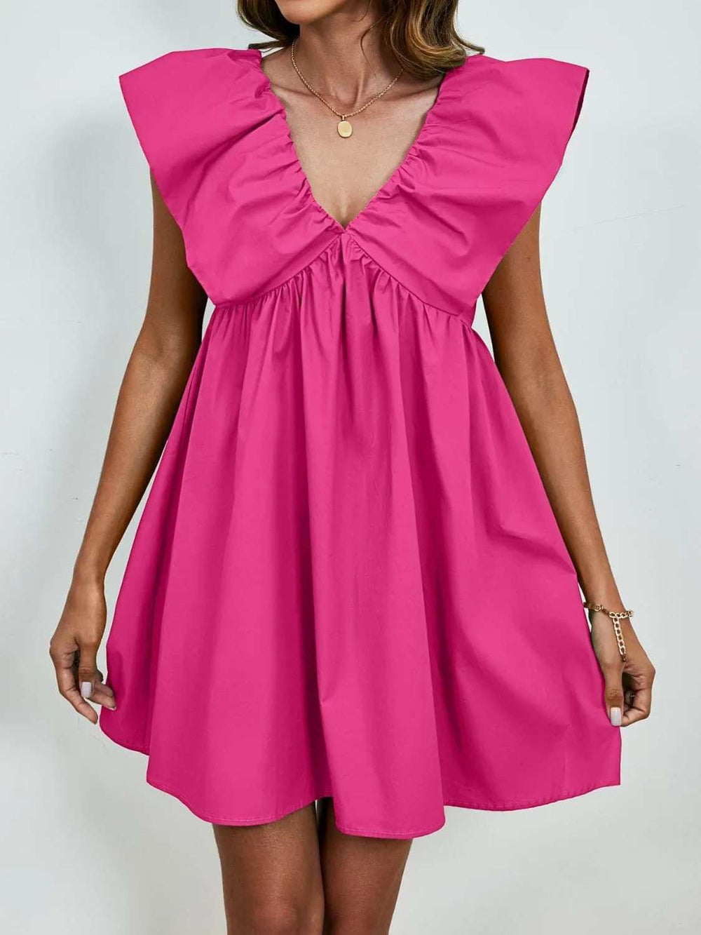 V-Neck Cap Sleeve Mini Dress - Trendsi - Flyclothing LLC