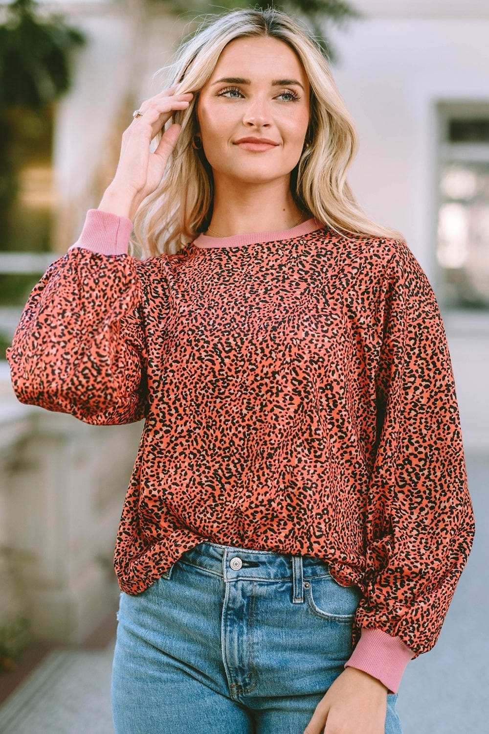 Leopard Round Neck Long Sleeve Sweatshirt - Trendsi - Flyclothing LLC