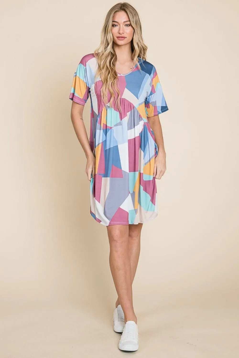 BOMBOM Ruched Color Block Short Sleeve Dress - Trendsi - Flyclothing LLC